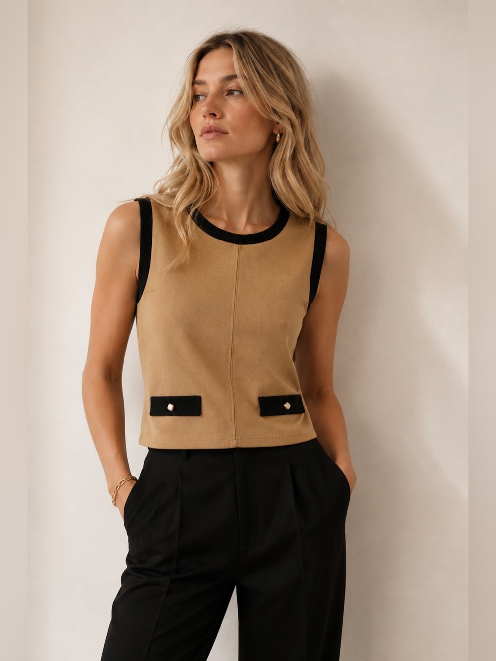 ✨ Suzy Shier Camel & Black Contrast Sleeveless Knit Top | Size M | Gold Buttons